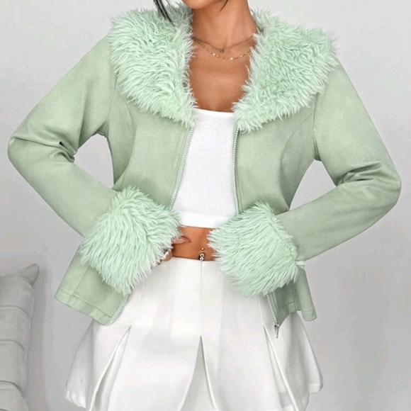 Jackets & Blazers - Black Faux Fur Collar Suede Casual Jacket, Minimalist And Fashionable